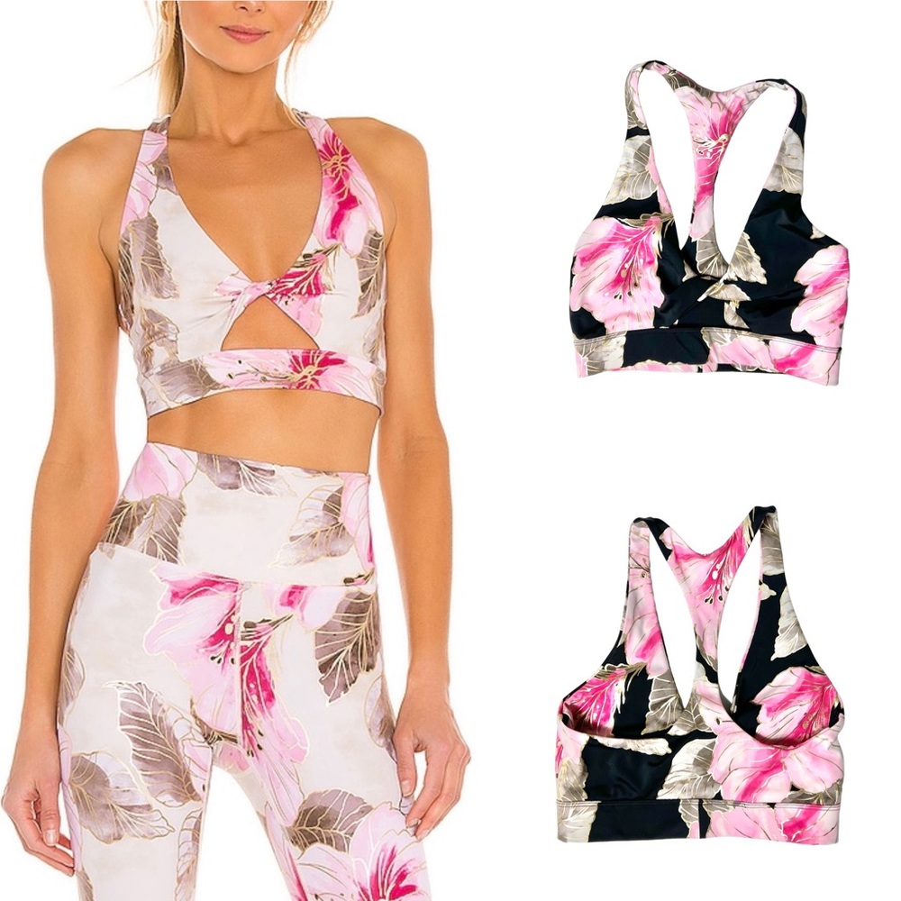 Beach Riot Floral Twist Cut Out Sports Bra in Black
